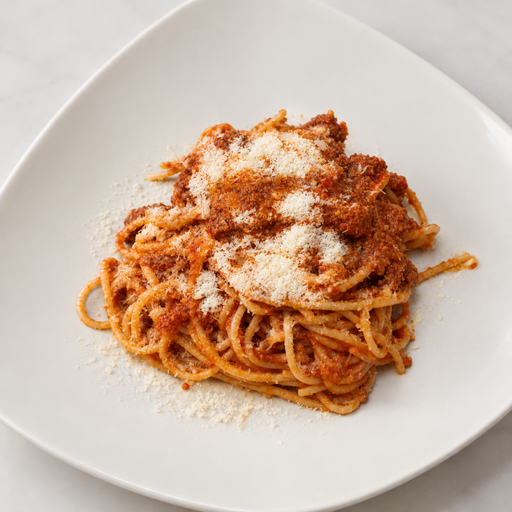 Espaguetis a la boloñesa con parmesano en Le Cinque Lune